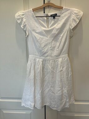 Express White V-Neck Mini Dress with Puff Cap Sleeves